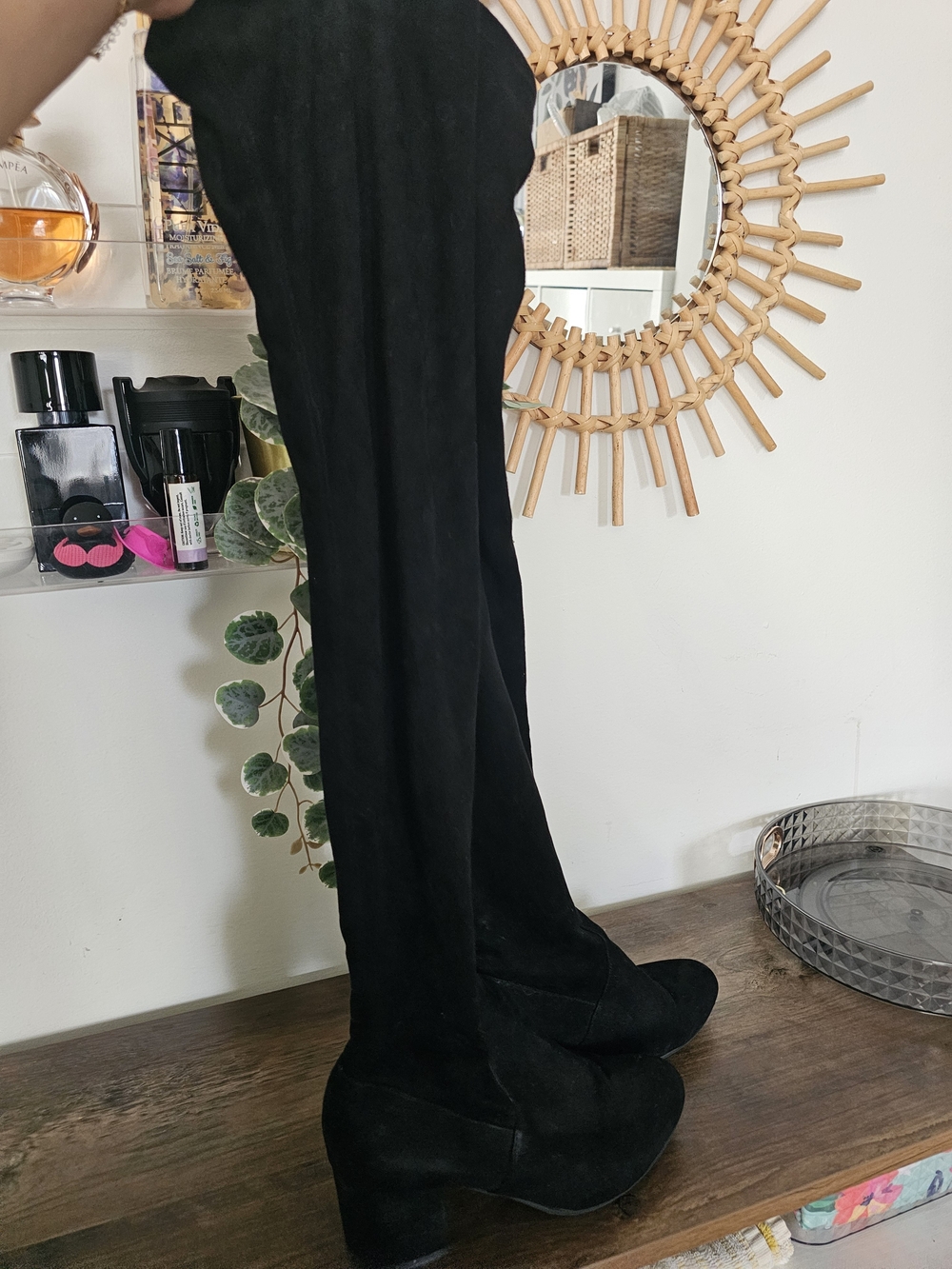 Over-the-Knee Black Suede Block Heel Boots - Picture 6 of 8